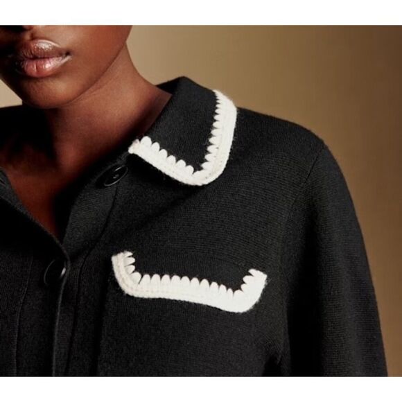 NWT Sézane Gilet Betty Wool Cardigan XXL Black Crochet Trim Button Front - Picture 7 of 10